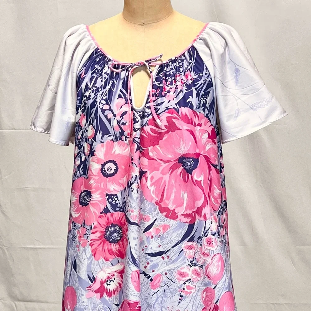 VINTAGE 60s 70s floral house dress‎ nightgown long maxi short flutter sleeve